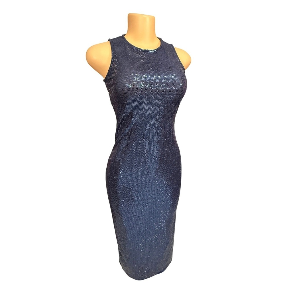 Bebe Navy Blue Sequin Sleeveless Sheath Midi Dress Size XS